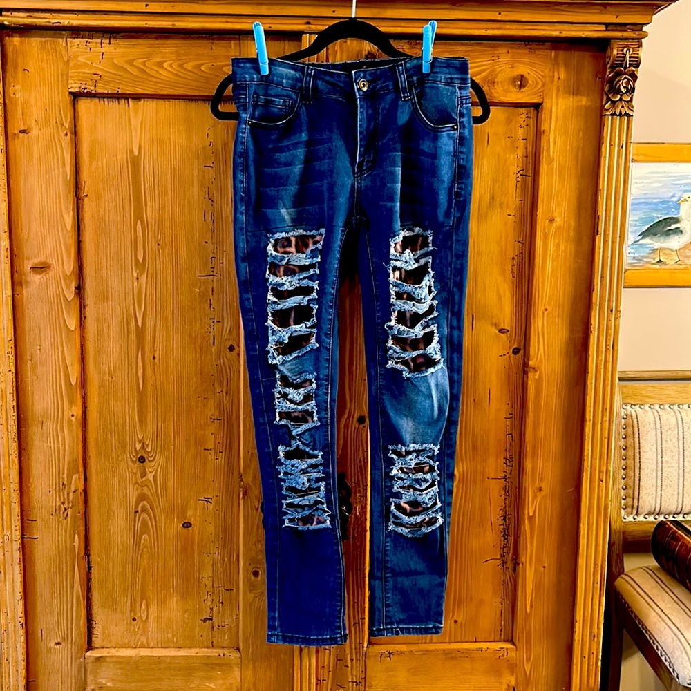 Super Comfy jeans with leopard print insets/ ripped parts, Lucky & Blessed brand